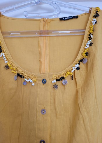 Sarı Bohem Nakışlı Uzun Keten Elbise - Görsel 2