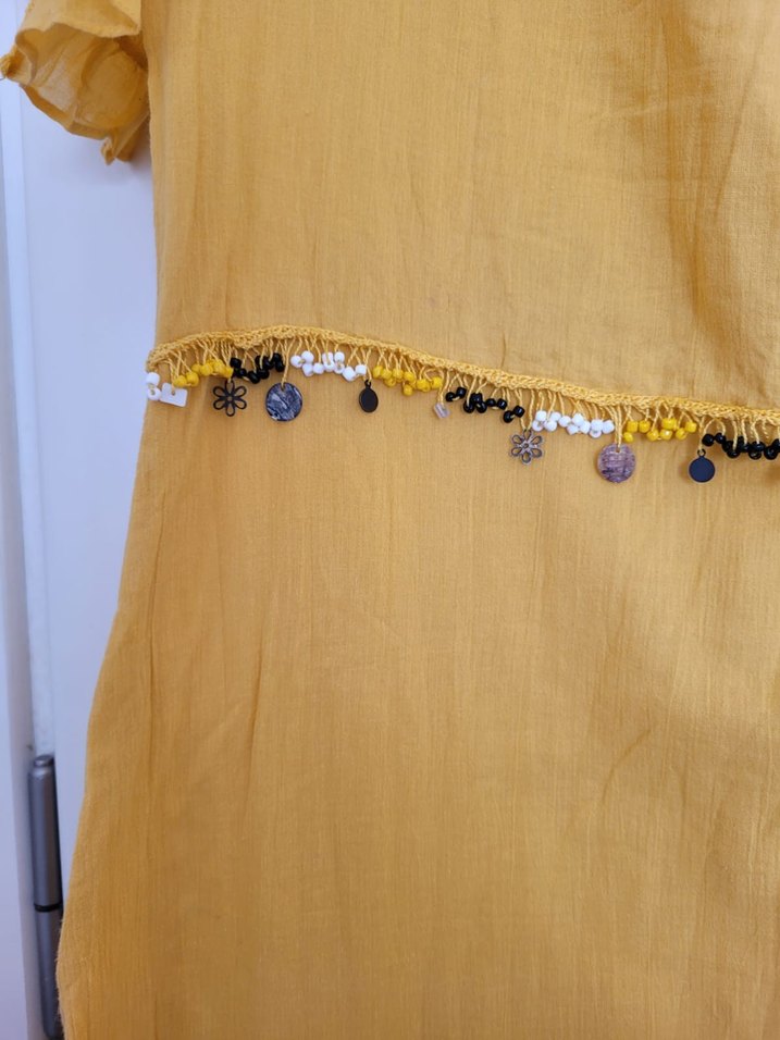 Sarı Bohem Nakışlı Uzun Keten Elbise - Görsel 3