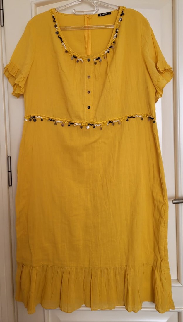 Sarı Bohem Nakışlı Uzun Keten Elbise - Görsel 5