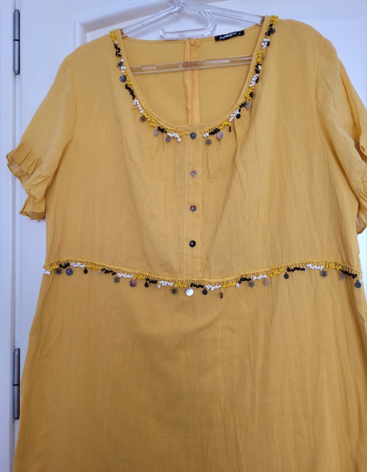 Sarı Bohem Nakışlı Uzun Keten Elbise - Görsel 4