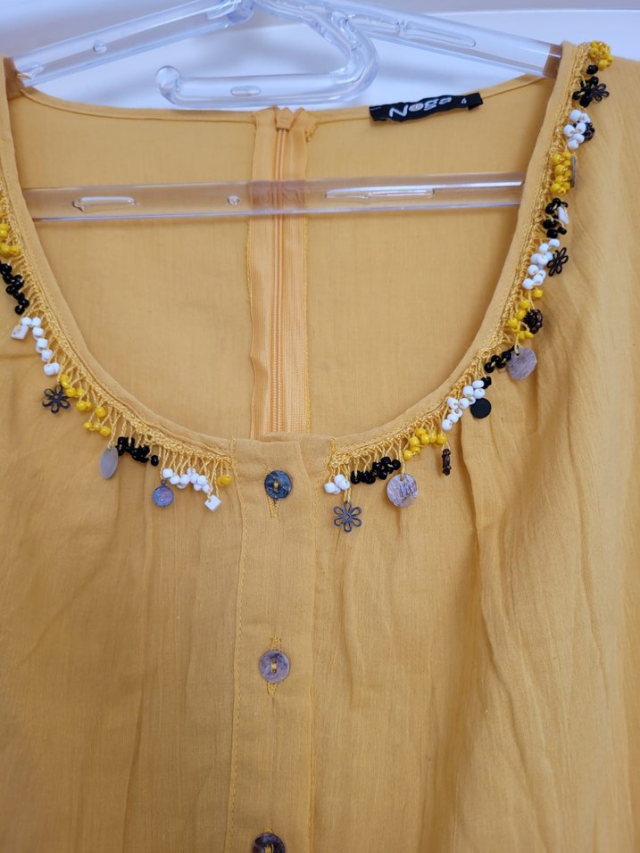 Sarı Bohem Nakışlı Uzun Keten Elbise - Görsel 2