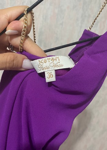 36 Beden mor Renk Mor V Yakalı Mini Abiye Elbise