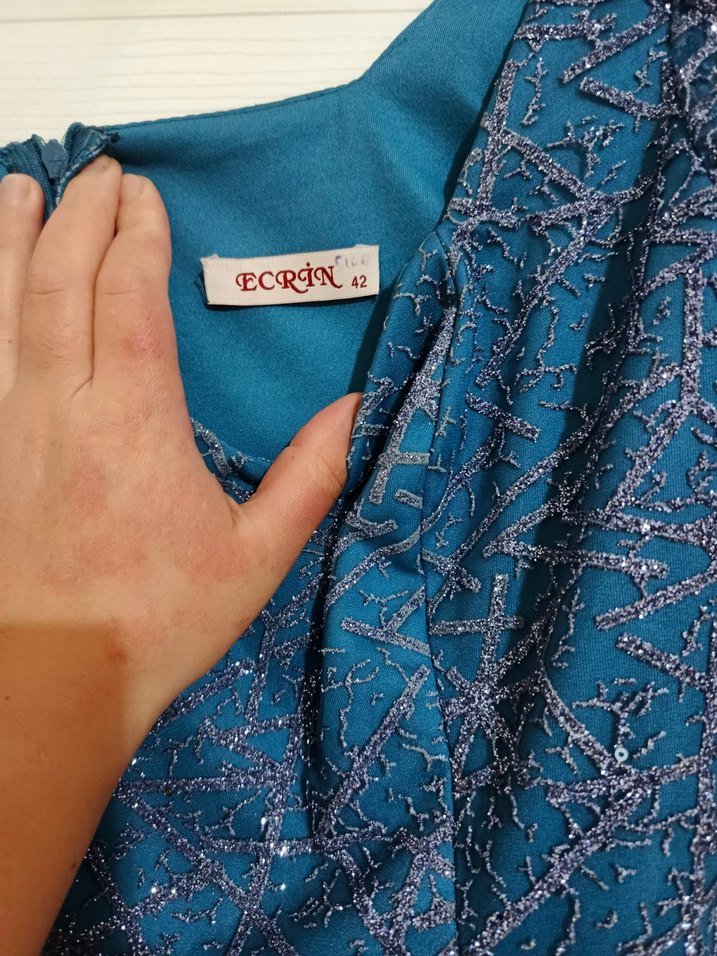 Uzun Lacivert Drapeli Kadın Abiye Elbise - Görsel 5