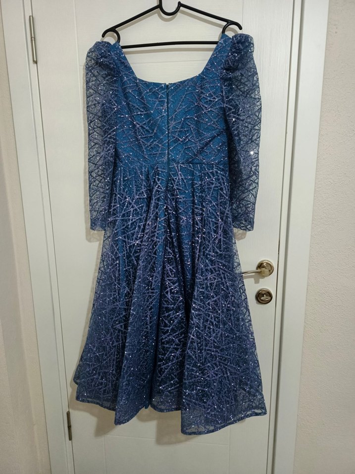 Uzun Lacivert Drapeli Kadın Abiye Elbise - Görsel 4