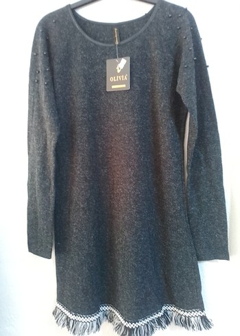 Püsküllü Füme Rengi Uzun Kollu Kazak Elbise/Tunik - Görsel 3