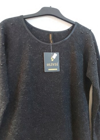 Püsküllü Füme Rengi Uzun Kollu Kazak Elbise/Tunik - Görsel 7