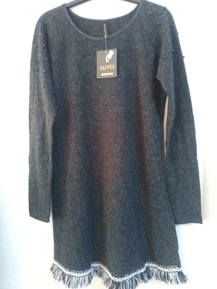 Püsküllü Füme Rengi Uzun Kollu Kazak Elbise/Tunik - Görsel 3