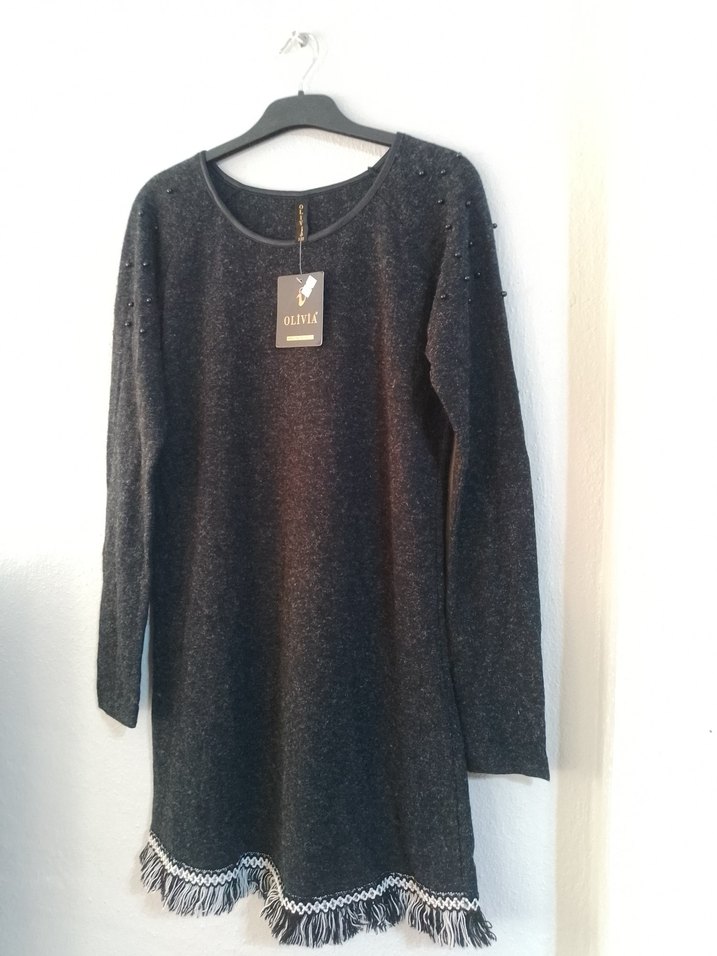 Püsküllü Füme Rengi Uzun Kollu Kazak Elbise/Tunik - Görsel 2