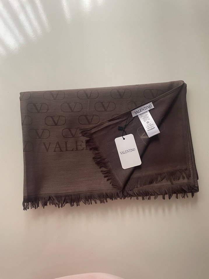 Valentino Kahverengi Yün İpek Pamuk Şal - Görsel 2