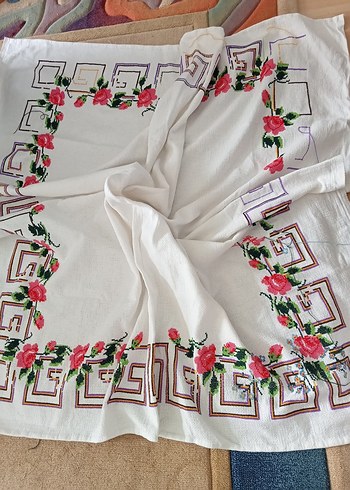 vintağe elde işleme kanaviçe masa örtüsü - Görsel 2