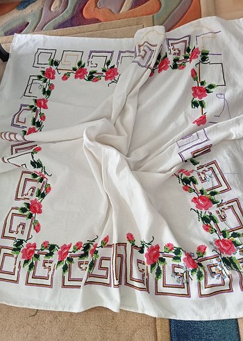 vintağe elde işleme kanaviçe masa örtüsü - Görsel 3