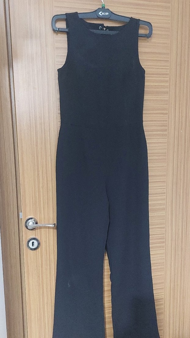 Siyah Kadın Midi Tulum, Kolsuz, Notch Yaka - Görsel 2