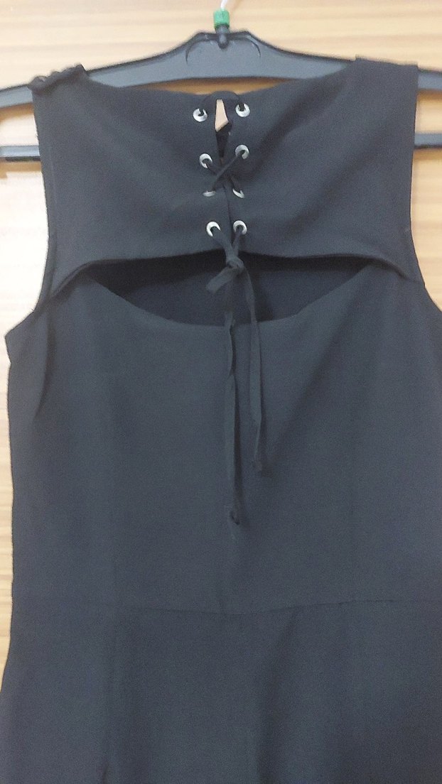 Siyah Kadın Midi Tulum, Kolsuz, Notch Yaka - Görsel 4