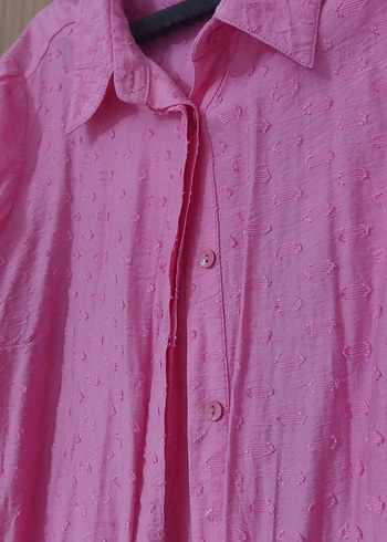Tuğba markaUzun Kollu Düğmeli Pembe Keten Gömlek - Görsel 3