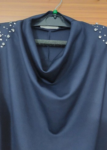 Drapeli Yaka Uzun Kollu lacivert scuba  Tunik L beden - Görsel 4