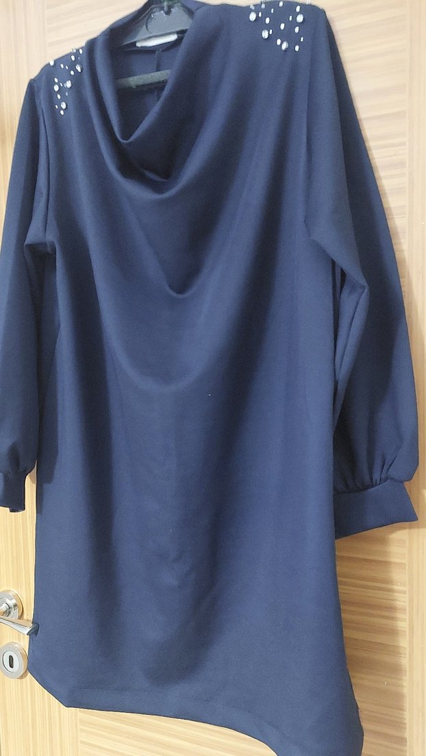 Drapeli Yaka Uzun Kollu lacivert scuba  Tunik L beden - Görsel 2