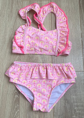 Baskılı Pembe Kız Bikini Takımı- müslin panço