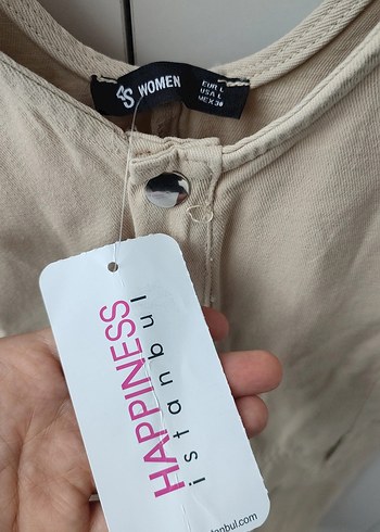 Krem Kemerli Mini Gabardin Tulum - Görsel 3