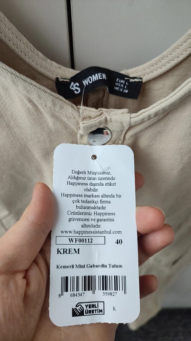 Krem Kemerli Mini Gabardin Tulum - Görsel 4