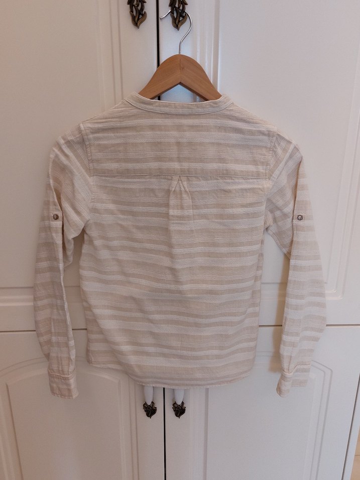 Ekru Çizgili Erkek Çocuk Keten Gömlek - Görsel 2