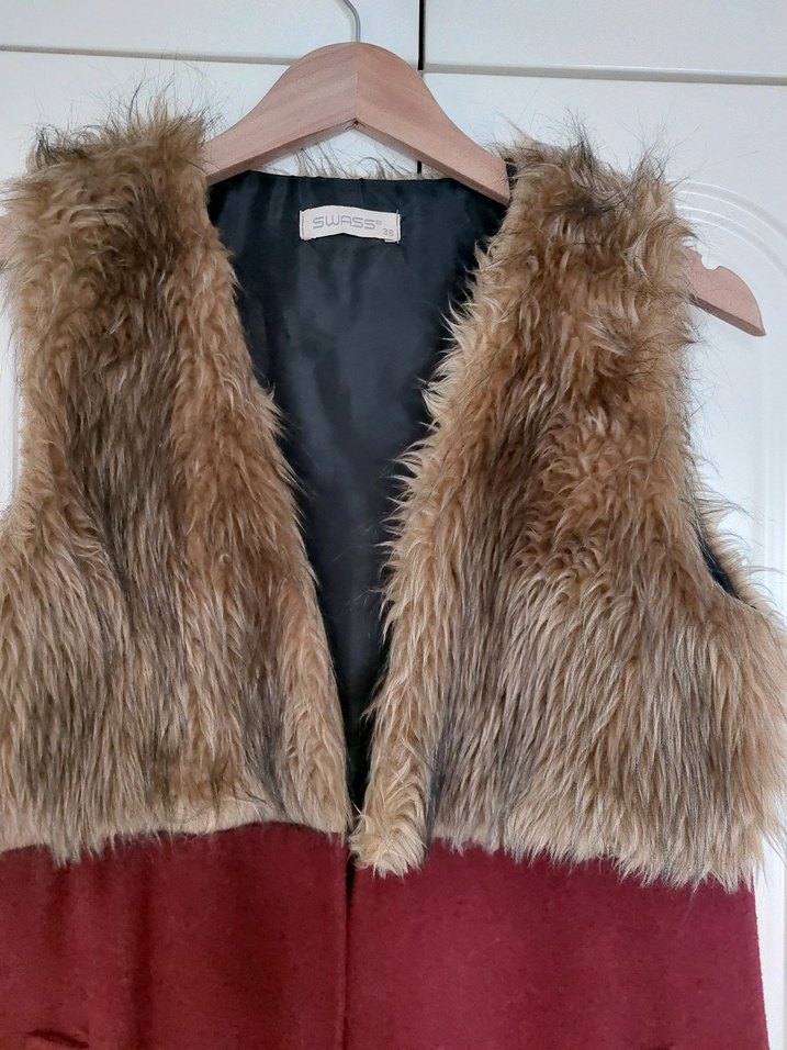 Kürklü Bordo Uzun Kadın Yelek - Görsel 2