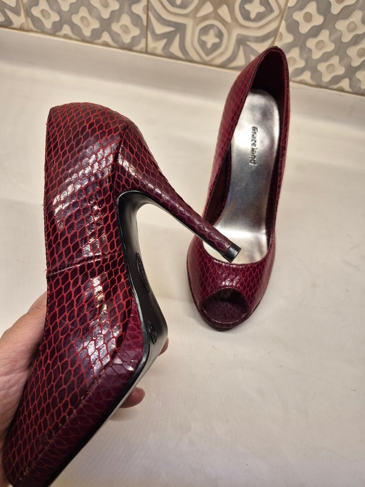 Bordo Yılan Desenli Topuklu Kadın Stiletto - Görsel 5