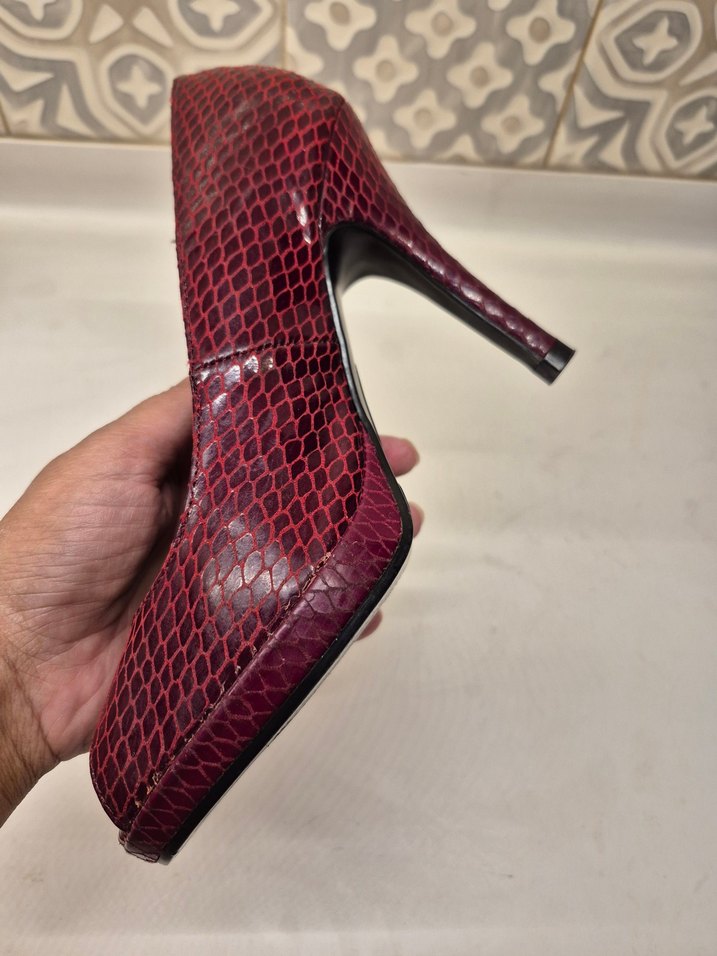 Bordo Yılan Desenli Topuklu Kadın Stiletto - Görsel 4