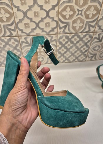 Turkuaz Süet Platform Topuklu kadın ayakkabısı - Görsel 2