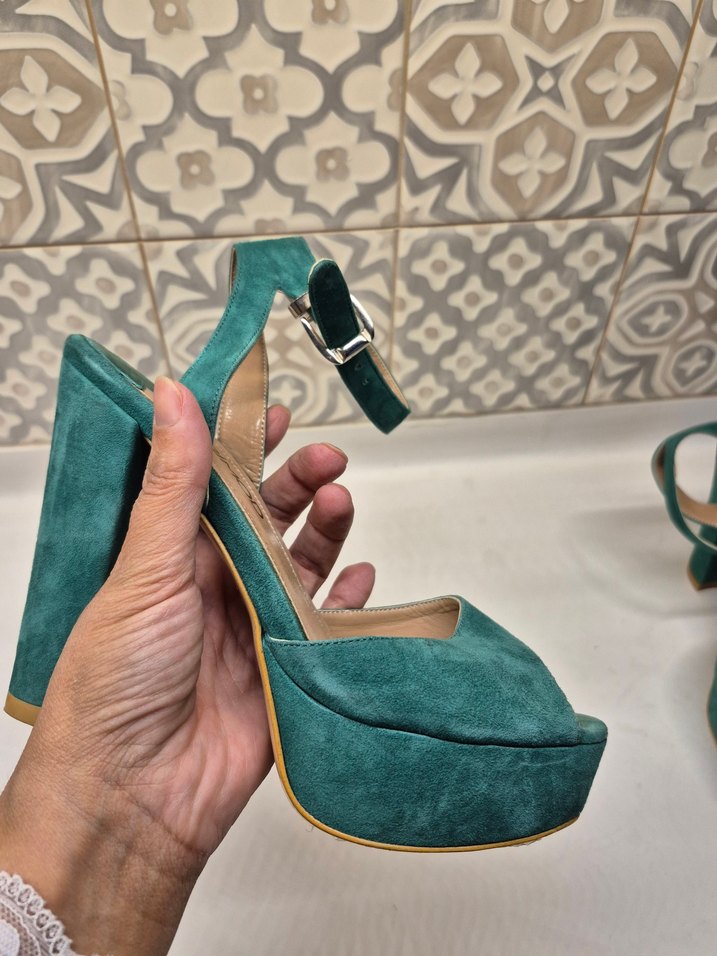 Turkuaz Süet Platform Topuklu kadın ayakkabısı - Görsel 2