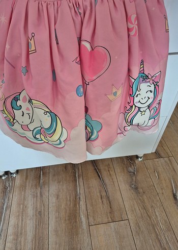 Kız Çocuk Pembe Unicorn Baskılı Elbise - Görsel 4