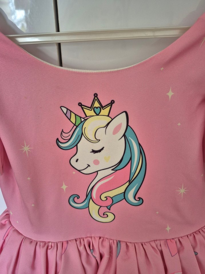 Kız Çocuk Pembe Unicorn Baskılı Elbise - Görsel 2