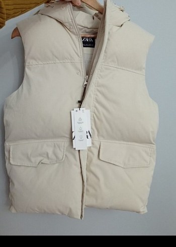 Bej Kapüşonlu Puff Yelek unisex - Görsel 2