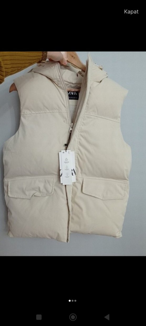 Bej Kapüşonlu Puff Yelek unisex - Görsel 2