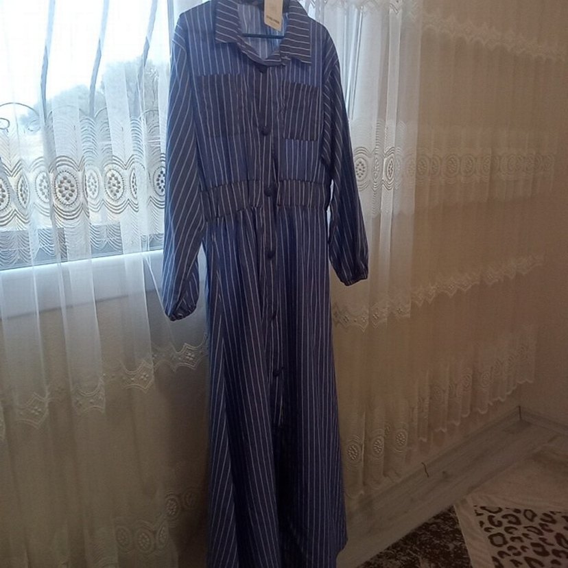 Düğmeli Çizgili Mavi Kadın Uzun Elbise - Görsel 2