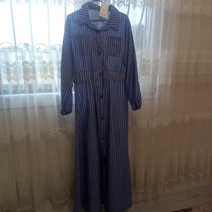 Düğmeli Çizgili Mavi Kadın Uzun Elbise - Görsel 4