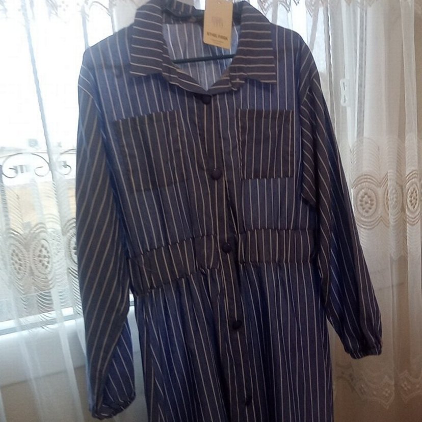 Düğmeli Çizgili Mavi Kadın Uzun Elbise - Görsel 3