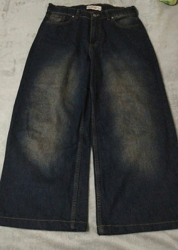 Lacivert Düğmeli Geniş Paça Midi Kot Pantolon - Görsel 2