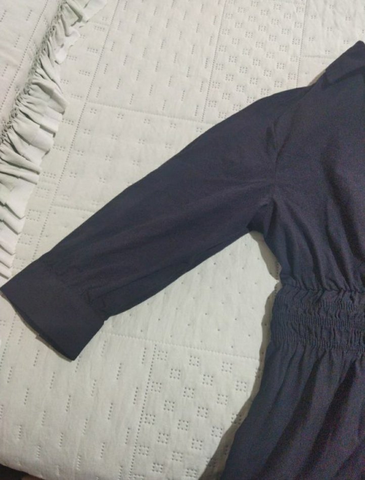 siyah V Yaka Midi Keten Elbise - Görsel 3