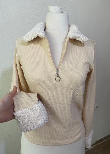 Bej Kadın Triko Uzun Kollu Polo Yaka Kazak - Görsel 2