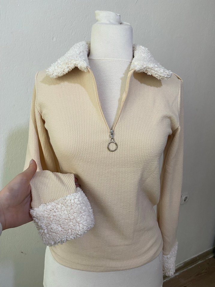 Bej Kadın Triko Uzun Kollu Polo Yaka Kazak - Görsel 2