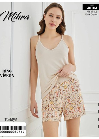 Diğer Mihra Yeşil Çiçek Desenli Kolsuz Mini Pijama