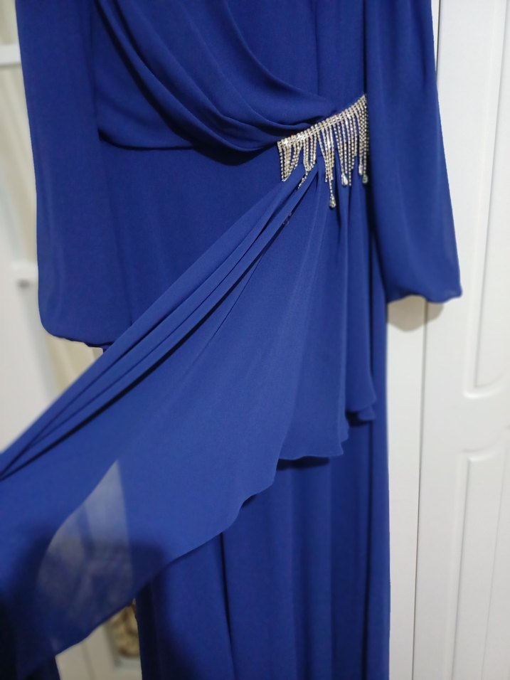 Uzun Kollu Lacivert Drapeli Abiye Elbise - Görsel 3