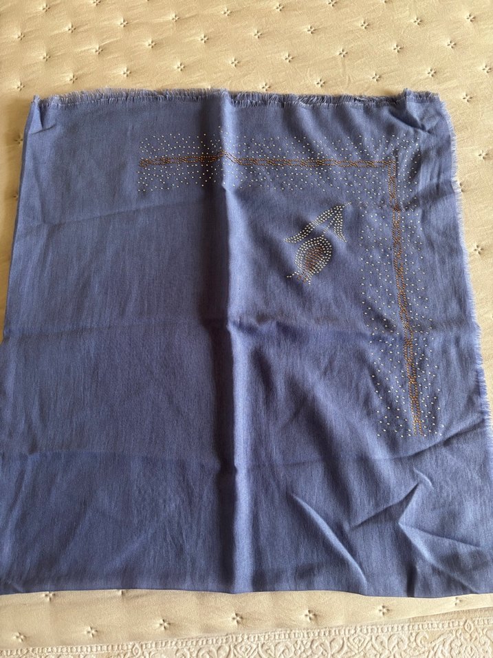 Boncuk İşlemeli Mavi Kot Kadın baş örtu - Görsel 2