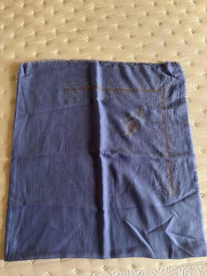 Boncuk İşlemeli Mavi Kot Kadın baş örtu - Görsel 3