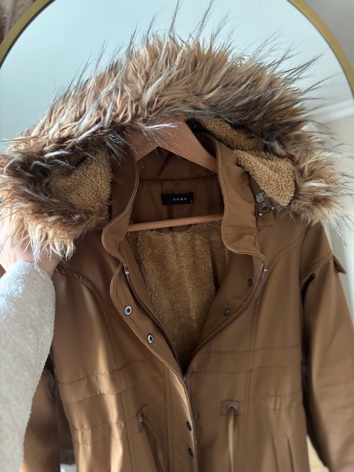 Kürklü Bej Uzun Süet Kadın Ceket - Görsel 2