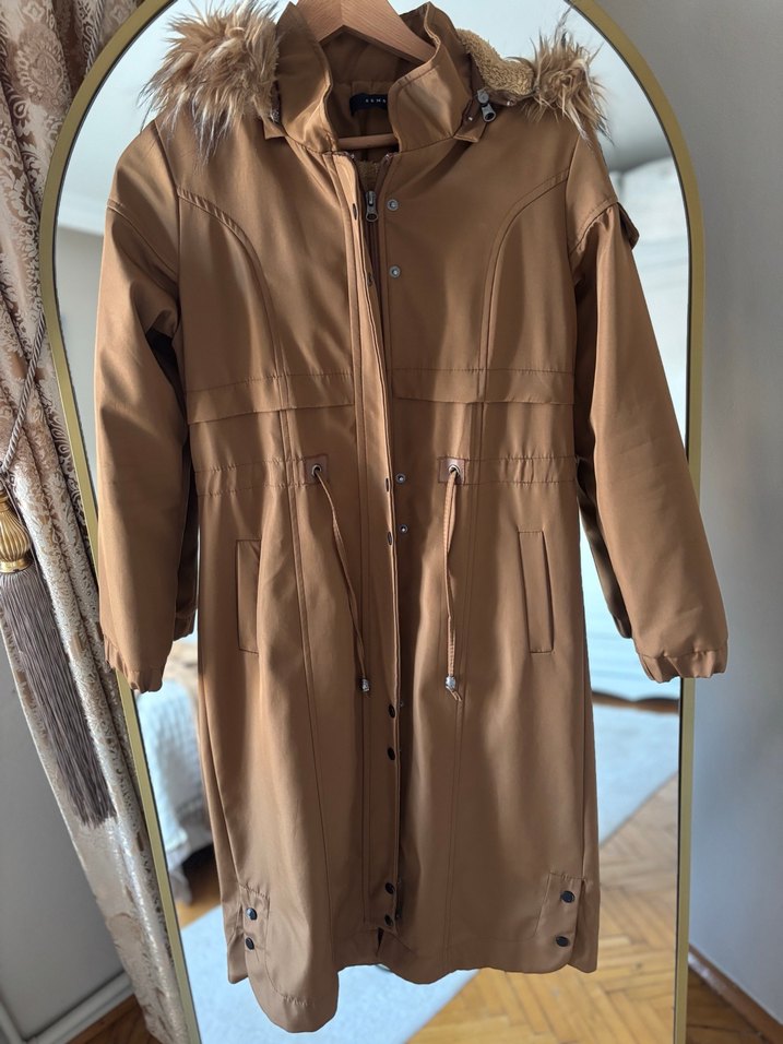 Kürklü Bej Uzun Süet Kadın Ceket - Görsel 3