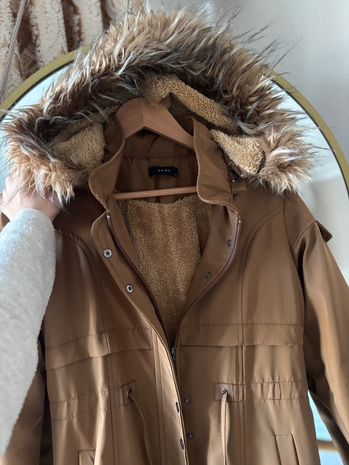 Kürklü Bej Uzun Süet Kadın Ceket - Görsel 4
