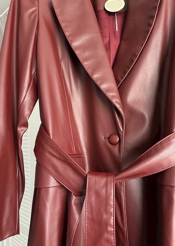 Bordo Deri Kemerli trenç - Görsel 4