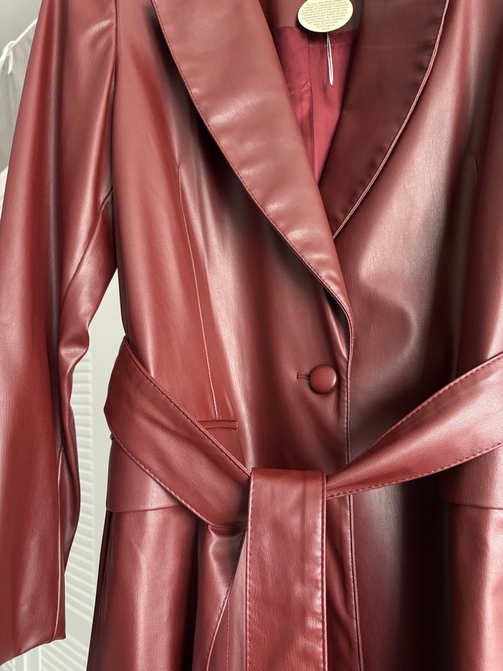 Bordo Deri Kemerli trenç - Görsel 4