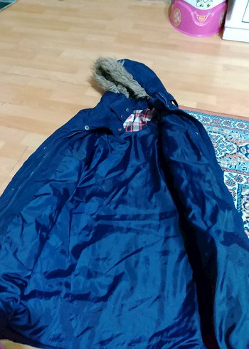 Uzun Kollu Mavi Kapüşonlu Kadın Kışlık Mont sade fermoari bozuk - Görsel 2